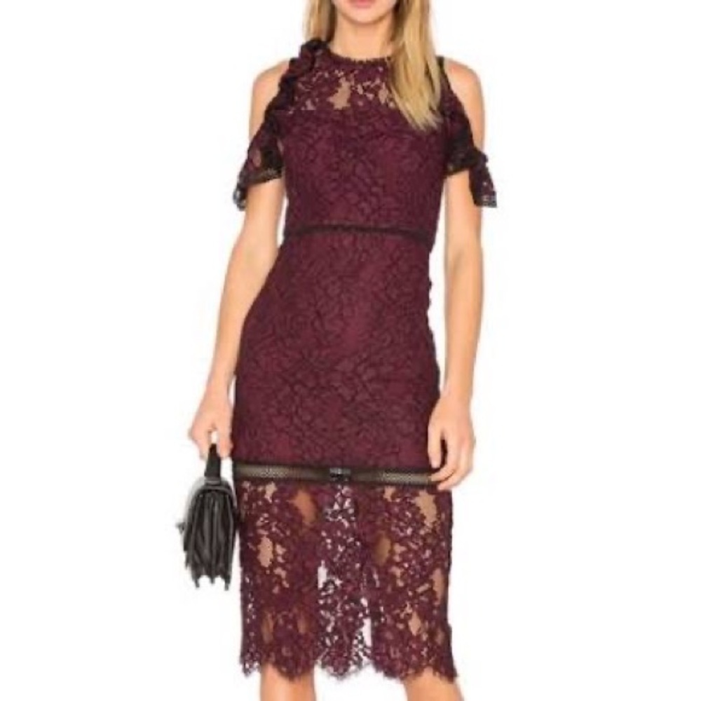 Evie Burgundy Lace Off Shoulder Midi Dress. Size Small